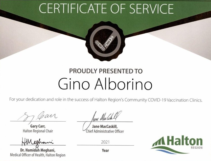 Halton Region Certificate of Service Award